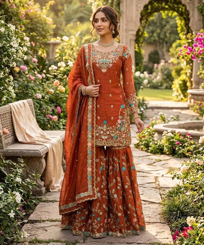 Orange silk blend thread anarkali sharara set