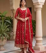 Red silk blend embroidered gown set