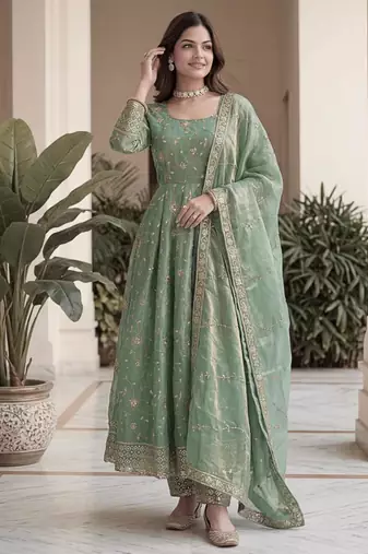 Green silk blend embroidered gown set