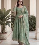 Green silk blend embroidered gown set
