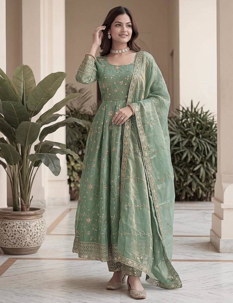 Green silk blend embroidered gown set