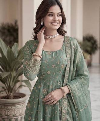 Green silk blend embroidered gown set 2