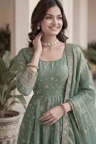 Green silk blend embroidered gown set
