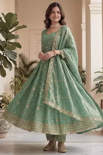 Green silk blend embroidered gown set