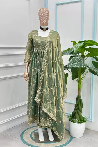 Green silk blend embroidered gown set