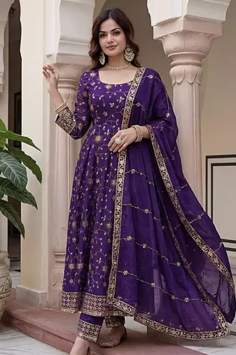 Purple silk blend embroidered gown set