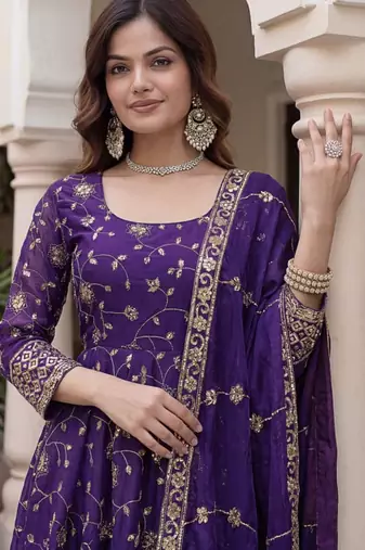 Purple silk blend embroidered gown set