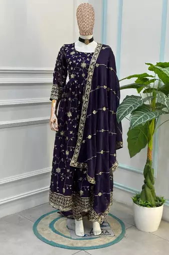 Purple silk blend embroidered gown set