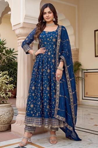 Navy-blue silk blend embroidered gown set