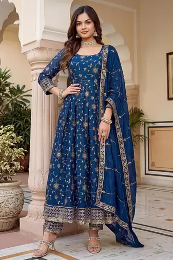 Navy-blue silk blend embroidered gown set