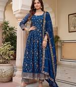 Navy-blue silk blend embroidered gown set