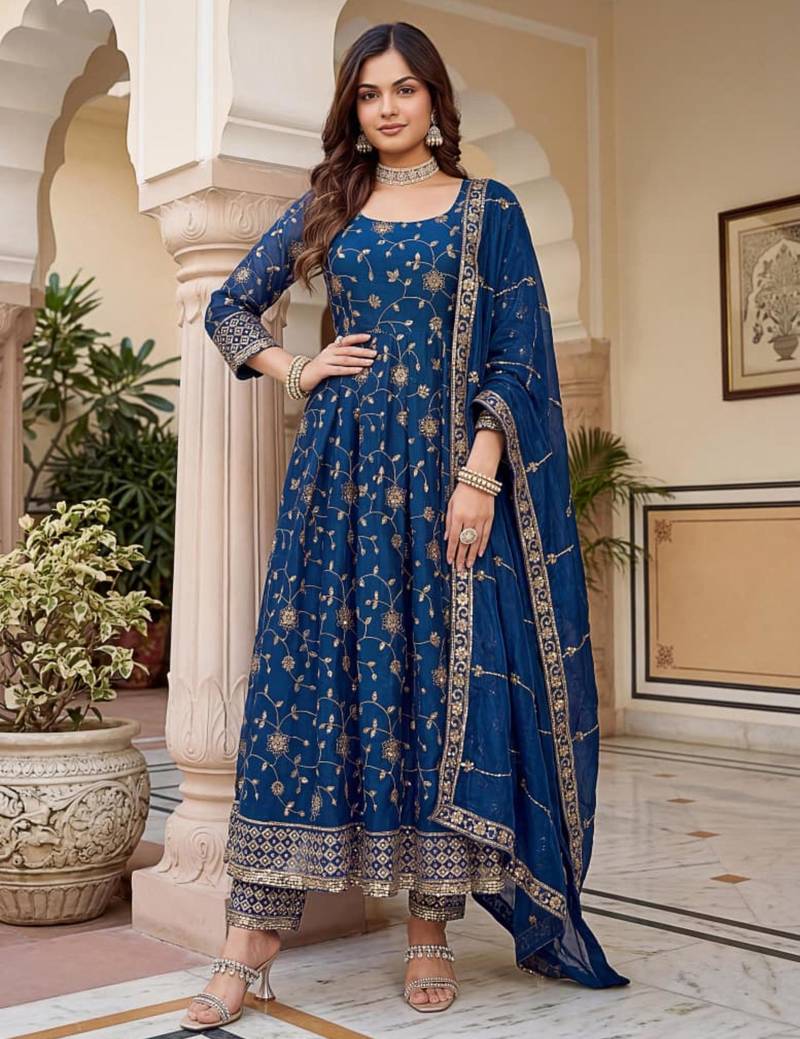 Navy-blue silk blend embroidered gown set