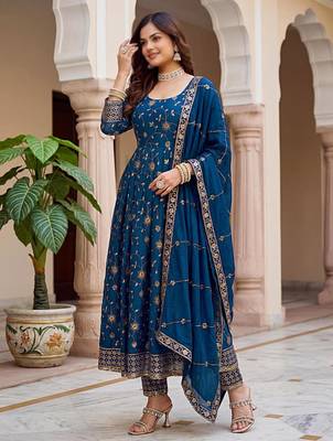 Navy-blue silk blend embroidered gown set 2