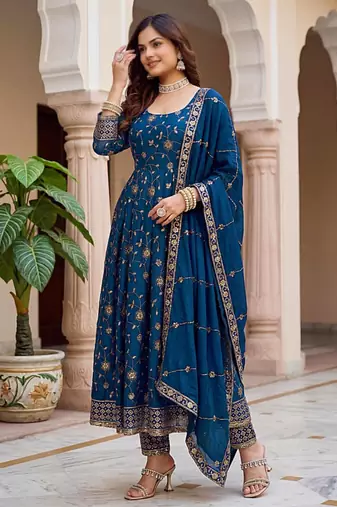 Navy-blue silk blend embroidered gown set
