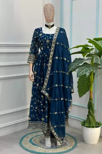 Navy-blue silk blend embroidered gown set