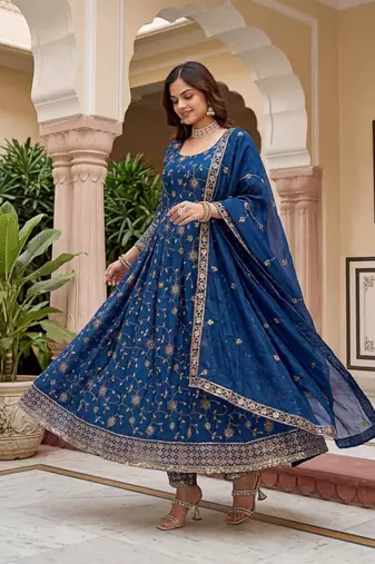 Navy-blue silk blend embroidered gown set