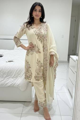 Off-white silk blend embroidered pant set