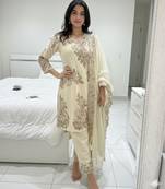 Off-white silk blend embroidered pant set