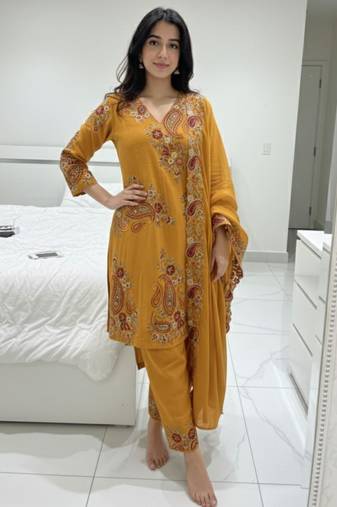 Mustard silk blend embroidered pant set