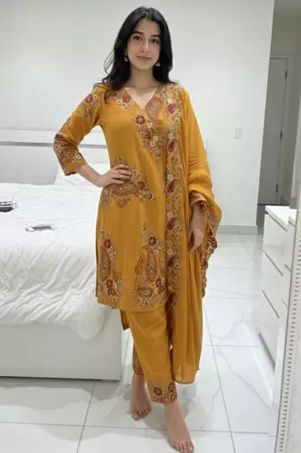 Mustard silk blend embroidered pant set