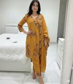 Mustard silk blend embroidered pant set