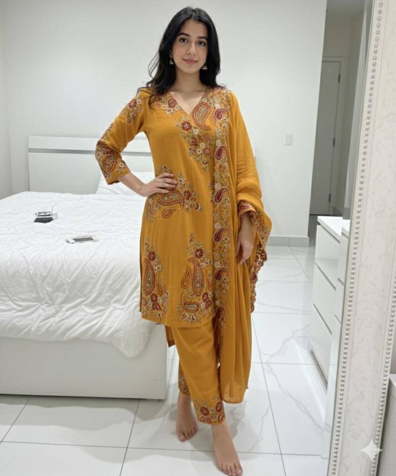 Mustard silk blend embroidered pant set