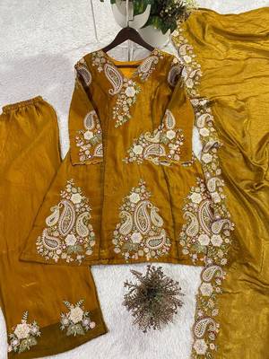 Mustard silk blend embroidered pant set 2