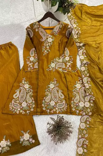 Mustard silk blend embroidered pant set
