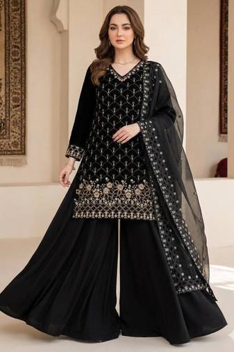 Black silk blend sequins kurti palazzo set