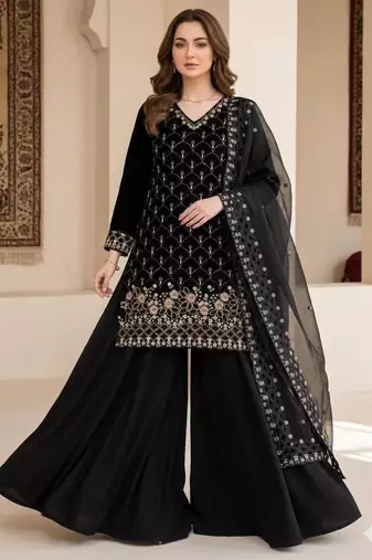 Black silk blend sequins kurti palazzo set