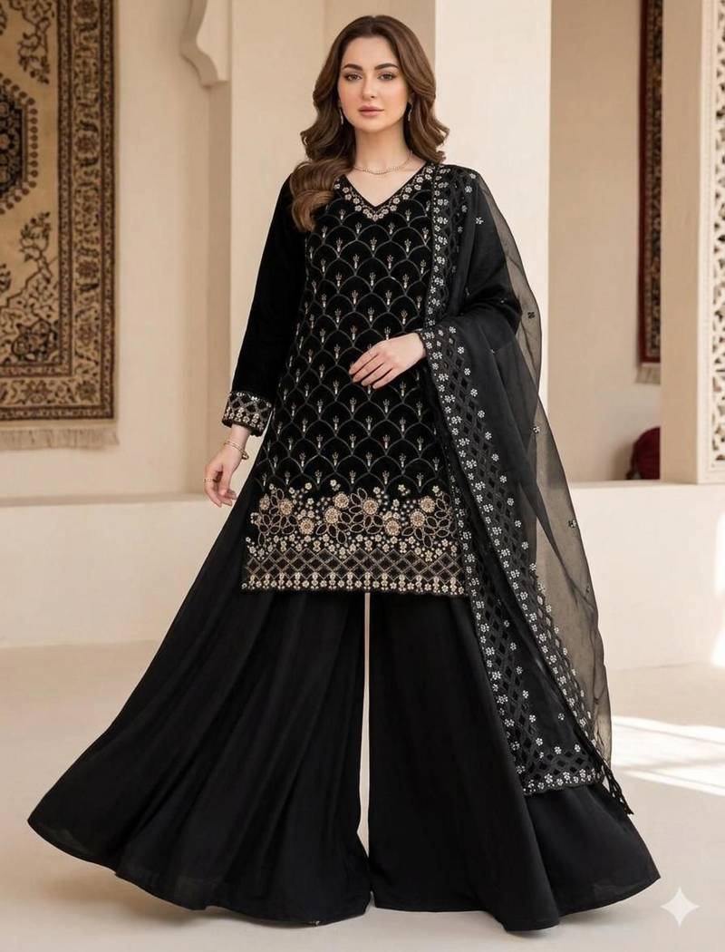 Black silk blend sequins kurti palazzo set