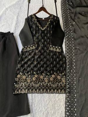 Black silk blend sequins kurti palazzo set 3
