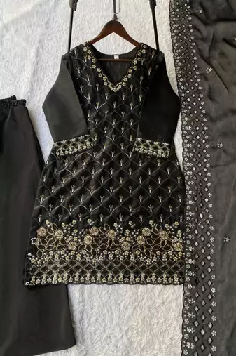 Black silk blend sequins kurti palazzo set