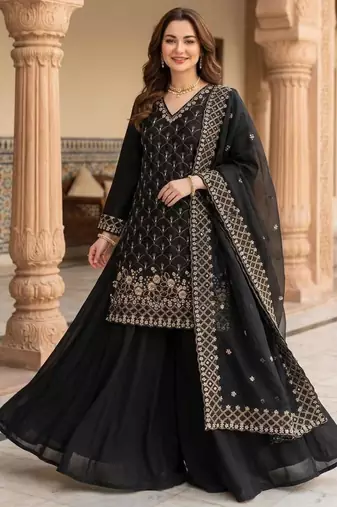 Black silk blend sequins kurti palazzo set