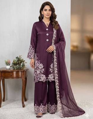 Plum silk blend embroidered palazzo set 1