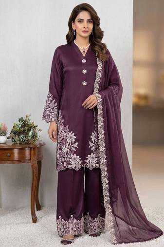 Plum silk blend embroidered palazzo set