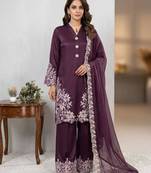 Plum silk blend embroidered palazzo set
