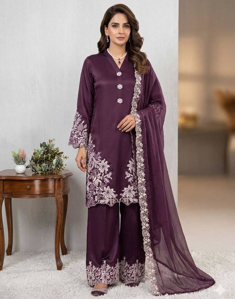 Plum silk blend embroidered palazzo set