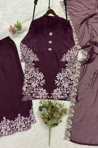 Plum silk blend embroidered palazzo set