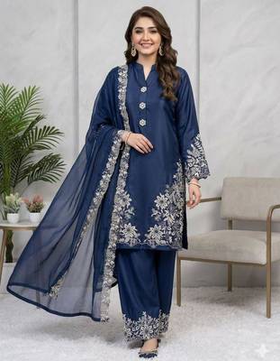 Navy-blue silk blend embroidered palazzo set 1