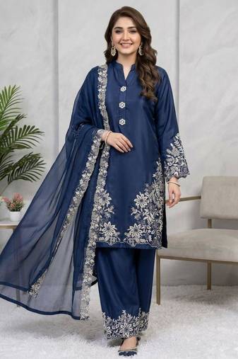 Navy-blue silk blend embroidered palazzo set