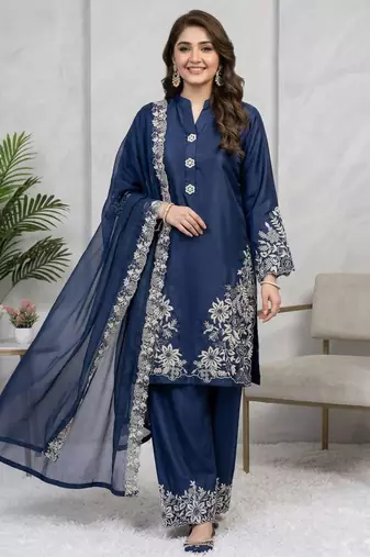 Navy-blue silk blend embroidered palazzo set