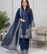 Navy-blue silk blend embroidered palazzo set