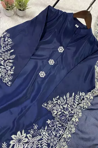 Navy-blue silk blend embroidered palazzo set