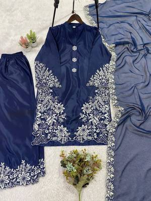 Navy-blue silk blend embroidered palazzo set 3
