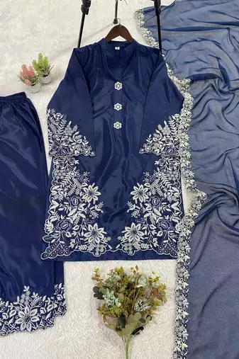 Navy-blue silk blend embroidered palazzo set