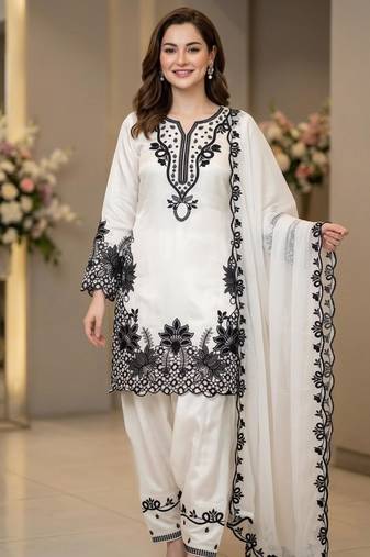 White silk blend embroidered farshi salwar set