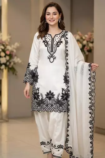 White silk blend embroidered farshi salwar set