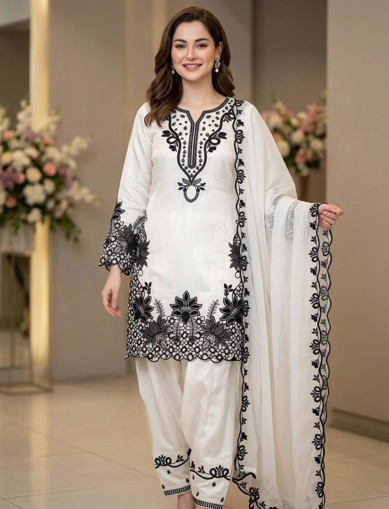 White silk blend embroidered farshi salwar set