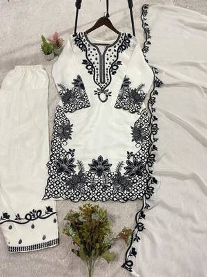 White silk blend embroidered farshi salwar set 2